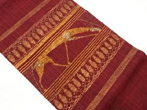 手織り紬紙布横段に鹿模様織出し名古屋帯